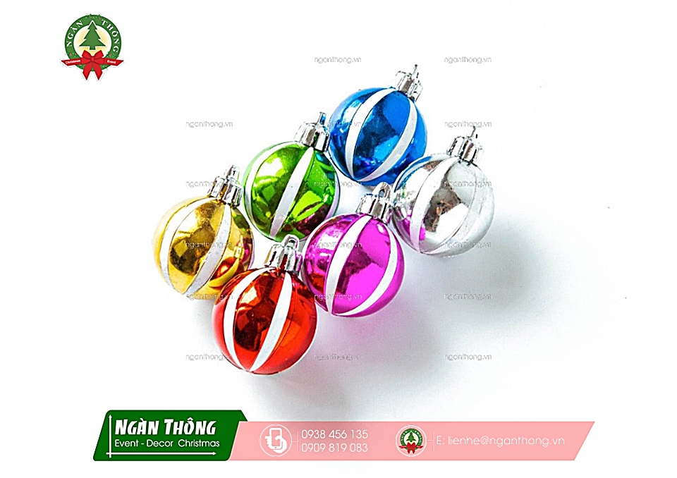 Trái châu trang trí cây thông noel châu bóng sọc trắng