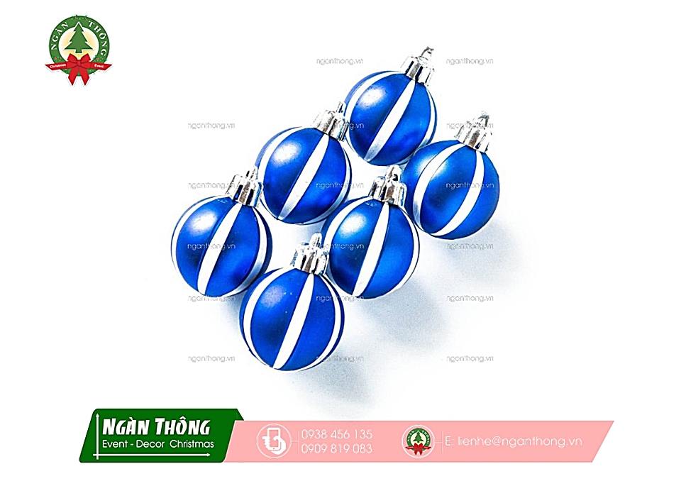 Trái châu trang trí cây thông noel châu bóng xọc trắng xanh dương