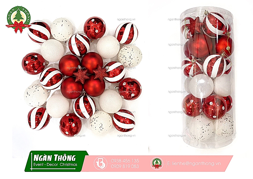 Trái châu trang trí cây thông noel châu cách điệu nhiều kiểu trắng đỏ