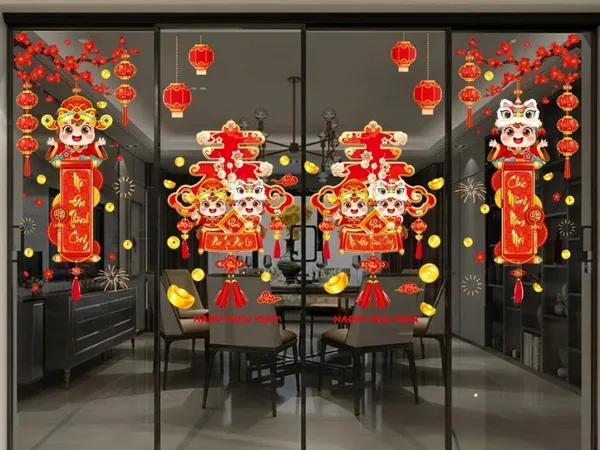 Trang trí cửa kính tết 2026