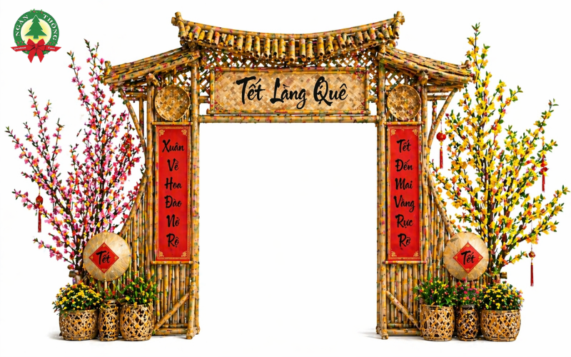 Cổng tre kết hợp hoa mai, hoa đào giả