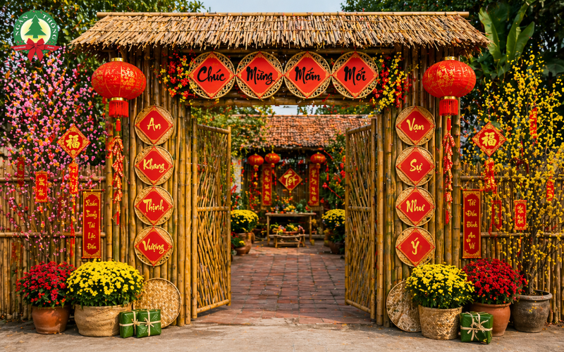 Cổng tre trang trí lồng đèn Tết