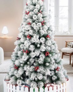 Cây thông Noel cước 2 loại lá phủ tuyết gắn trái đỏ mã LP-TCS, cao 1m2 đến 2m4