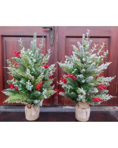Cây thông Noel mini lá trang trí phủ tuyết gắn trái đỏ mã LP-DIA-60D, cao 60cm
