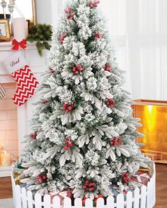 Cây thông Noel PE 3 loại lá phủ tuyết gắn trái đỏ mã LP-T2-HS, cao 1m5 đến 2m4