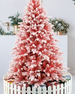 Cây thông Noel PE màu đỏ phủ tuyết gắn trái đỏ mã LP-RMT-HS, cao 1m5 đến 2m4